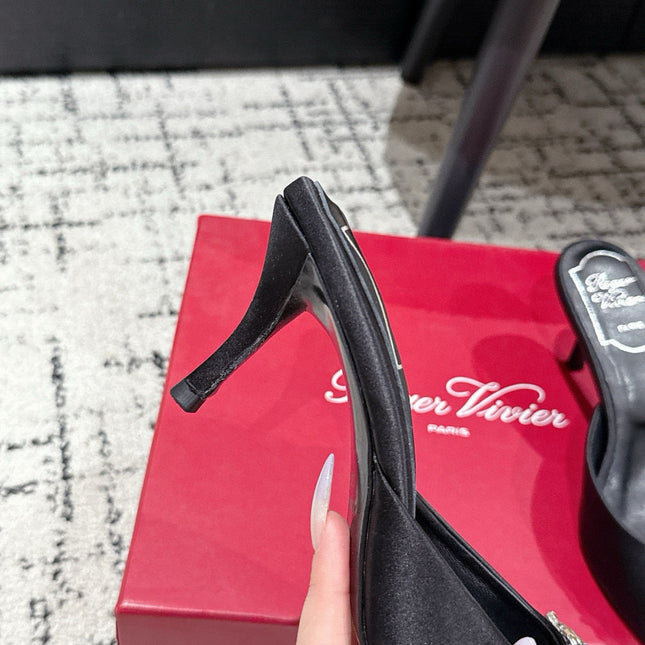 ROGER VIVIER 25S POINTED TOE HEELED MULES 65MM IN BLACK SATIN EMBELLISHED CRYSTALS