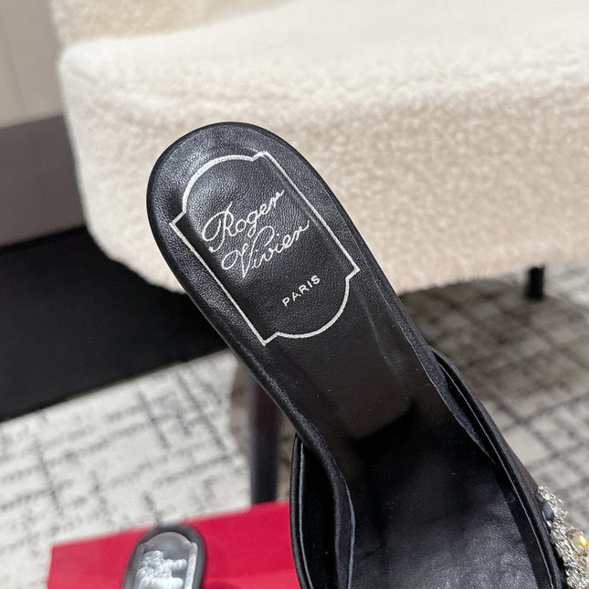 ROGER VIVIER 25S POINTED TOE HEELED MULES 65MM IN BLACK SATIN EMBELLISHED CRYSTALS
