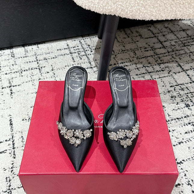 ROGER VIVIER 25S POINTED TOE HEELED MULES 65MM IN BLACK SATIN EMBELLISHED CRYSTALS