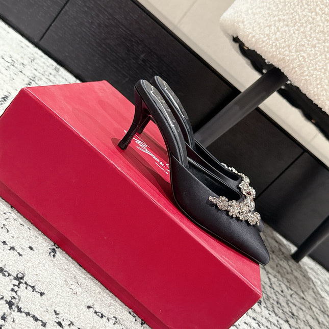ROGER VIVIER 25S POINTED TOE HEELED MULES 65MM IN BLACK SATIN EMBELLISHED CRYSTALS