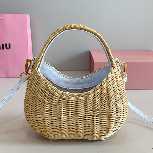 WANDER WICKER HOBO BAG 13 IN TAN BROWN HANDWOVEN WITH WHITE CALFSKIN LOGO