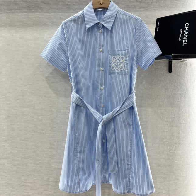 BELTED STRIPED EMBROIDERED DRESS 25S IN COTTON 265664