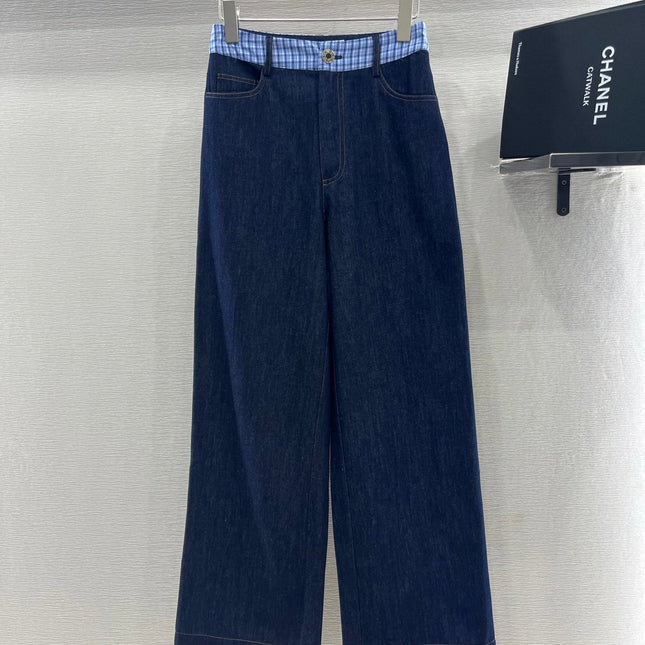 MIUMIU V-NECK BLAZER AND WIDE-LEG PANTS IN BLUE DENIM