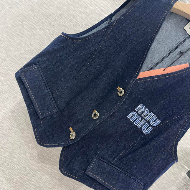 MIUMIU V-NECK BLAZER AND WIDE-LEG PANTS IN BLUE DENIM
