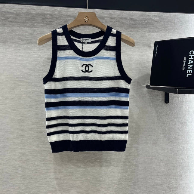 CHANEL STRIPED SLEEVELESS KNIT TOP 263401