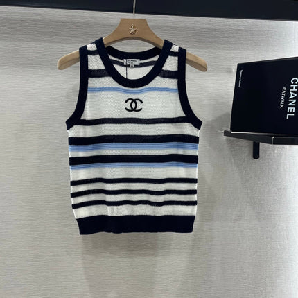 CHANEL STRIPED SLEEVELESS KNIT TOP 263401
