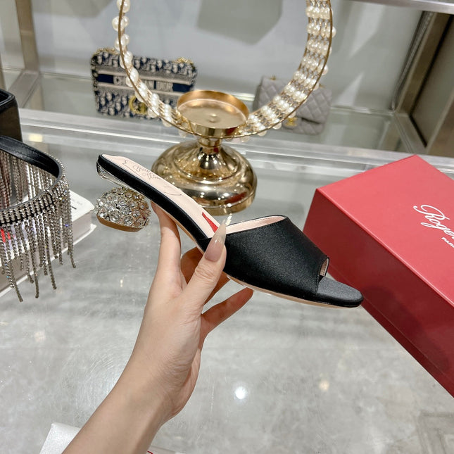 CRYSTAL HEEL MULE IN BLACK SILK