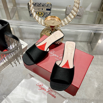 CRYSTAL HEEL MULE IN BLACK SILK