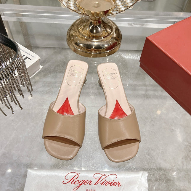 CRYSTAL HEEL MULE IN CAMEL BROWN CALFSKIN