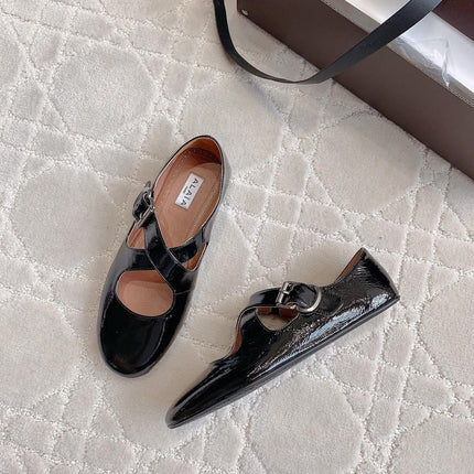 ALAIA CRISS CROSS BALLET FLAT IN BLACK LAMBSKIN WITH SILVER HARDWARE