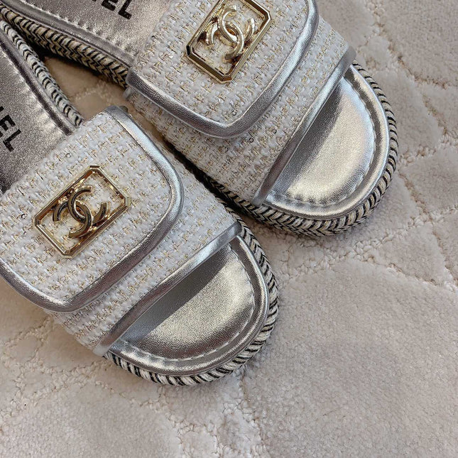PLATFORM SLIPPERS IN SILVER WOOL AND LAMBSKIN