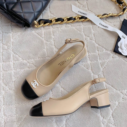SLINGBACKS IN BEIGE CREAM MIX BLACK SHEEPSKIN