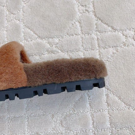 RABBIT FUR SLIPPERS BROWN WITH EMBROIDED LOGO