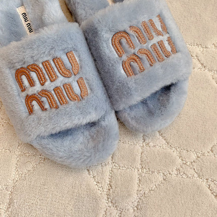 RABBIT FUR SLIPPERS RHINO GRAY WITH EMBROIDED LOGO