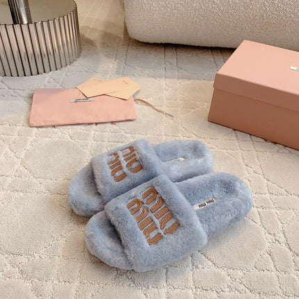 RABBIT FUR SLIPPERS RHINO GRAY WITH EMBROIDED LOGO