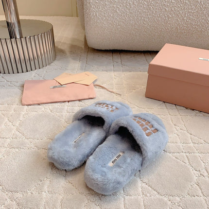 RABBIT FUR SLIPPERS RHINO GRAY WITH EMBROIDED LOGO