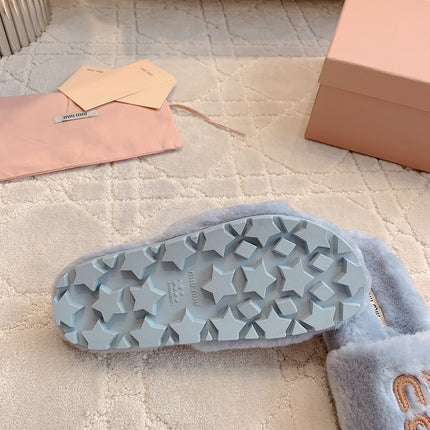 RABBIT FUR SLIPPERS RHINO GRAY WITH EMBROIDED LOGO