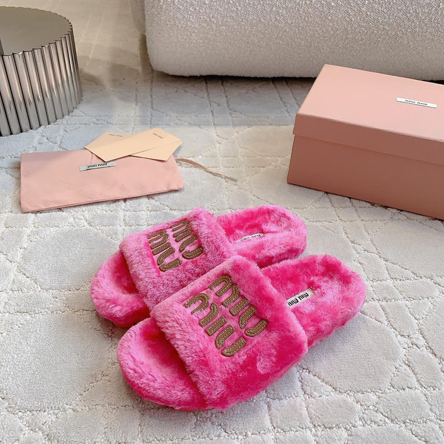 RABBIT FUR SLIPPERS MAGENTA PINK WITH EMBROIDED LOGO