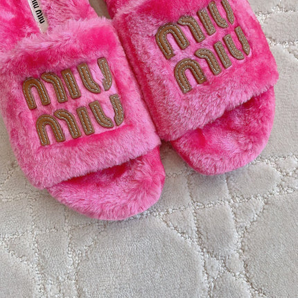 RABBIT FUR SLIPPERS MAGENTA PINK WITH EMBROIDED LOGO