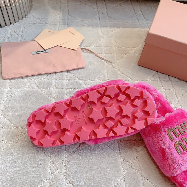 RABBIT FUR SLIPPERS MAGENTA PINK WITH EMBROIDED LOGO