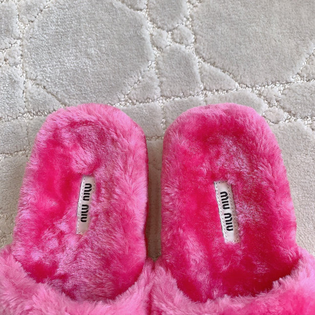 RABBIT FUR SLIPPERS MAGENTA PINK WITH EMBROIDED LOGO