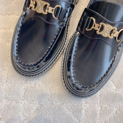 CELINE 25S ARC DE TRIOMPHE LOAFERS IN BLACK SHINY CALFSKIN GOLD HARDWARE