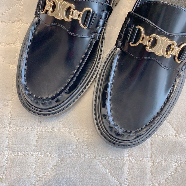 CELINE 25S ARC DE TRIOMPHE LOAFERS IN BLACK SHINY CALFSKIN GOLD HARDWARE