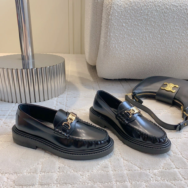 CELINE 25S ARC DE TRIOMPHE LOAFERS IN BLACK SHINY CALFSKIN GOLD HARDWARE
