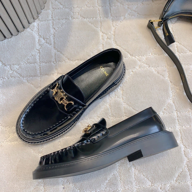CELINE 25S ARC DE TRIOMPHE LOAFERS IN BLACK SHINY CALFSKIN GOLD HARDWARE