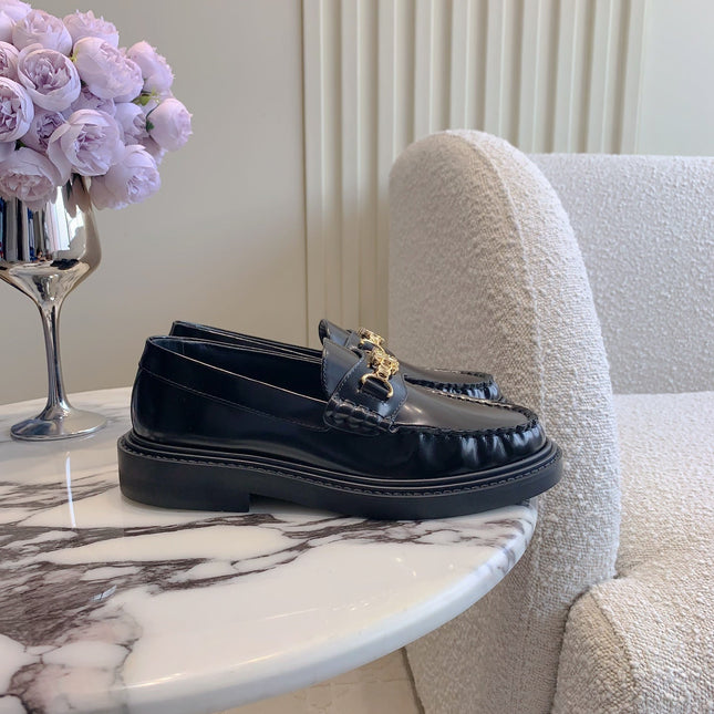 CELINE 25S ARC DE TRIOMPHE LOAFERS IN BLACK SHINY CALFSKIN GOLD HARDWARE