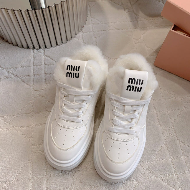 THICK SOLE SNEAKERS IN WHITE LAMBSKIN WITH RABBIT FUR LINING