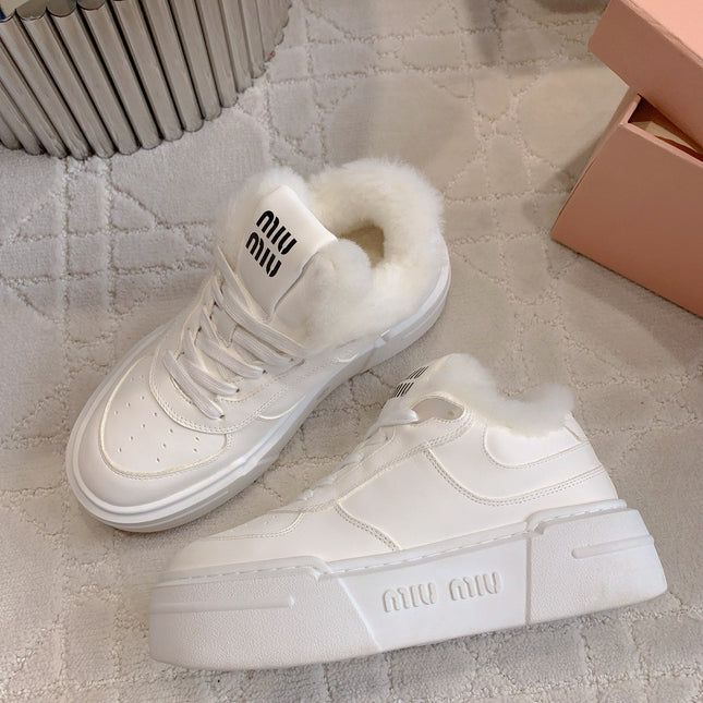 THICK SOLE SNEAKERS IN WHITE LAMBSKIN WITH RABBIT FUR LINING
