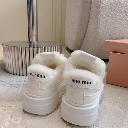 THICK SOLE SNEAKERS IN WHITE LAMBSKIN WITH RABBIT FUR LINING