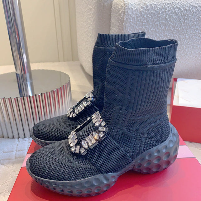 VIV' RUN LIGHT SOCKS ANKLE BOOTS IN BLACK FABRIC STRASS BUCKLE