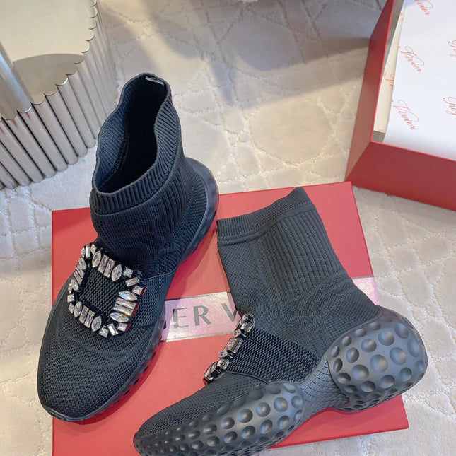 VIV' RUN LIGHT SOCKS ANKLE BOOTS IN BLACK FABRIC STRASS BUCKLE