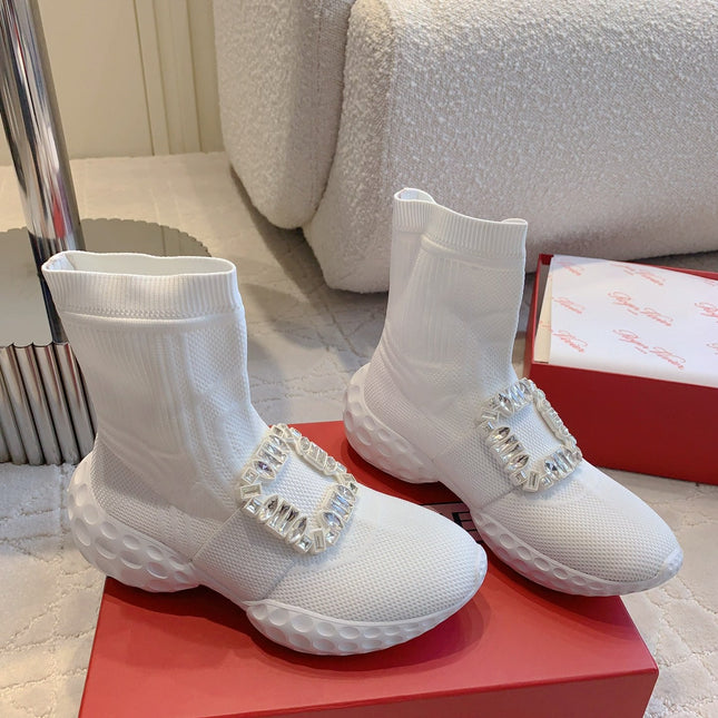 VIV' RUN LIGHT SOCKS ANKLE BOOTS IN WHITE FABRIC STRASS BUCKLE