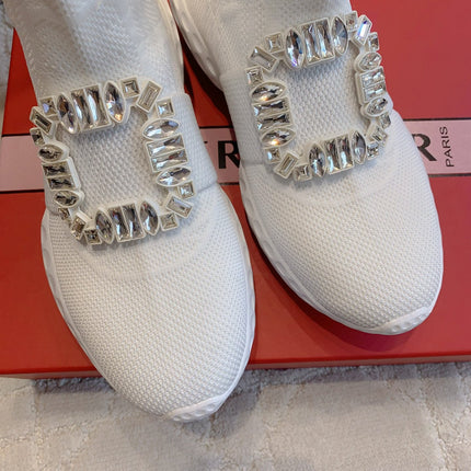 VIV' RUN LIGHT SOCKS ANKLE BOOTS IN WHITE FABRIC STRASS BUCKLE