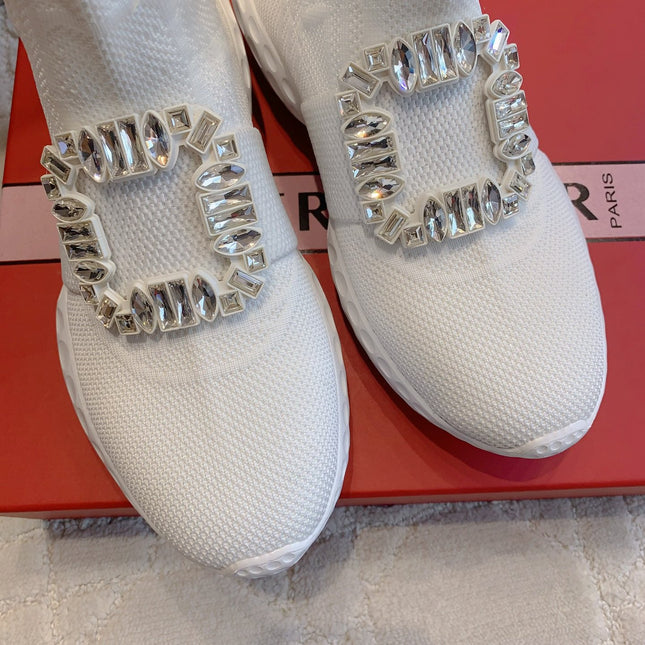 VIV' RUN LIGHT SOCKS ANKLE BOOTS IN WHITE FABRIC STRASS BUCKLE