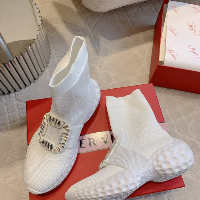 VIV' RUN LIGHT SOCKS ANKLE BOOTS IN WHITE FABRIC STRASS BUCKLE