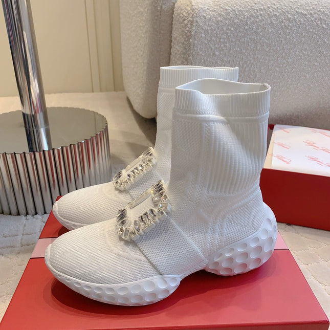 VIV' RUN LIGHT SOCKS ANKLE BOOTS IN WHITE FABRIC STRASS BUCKLE