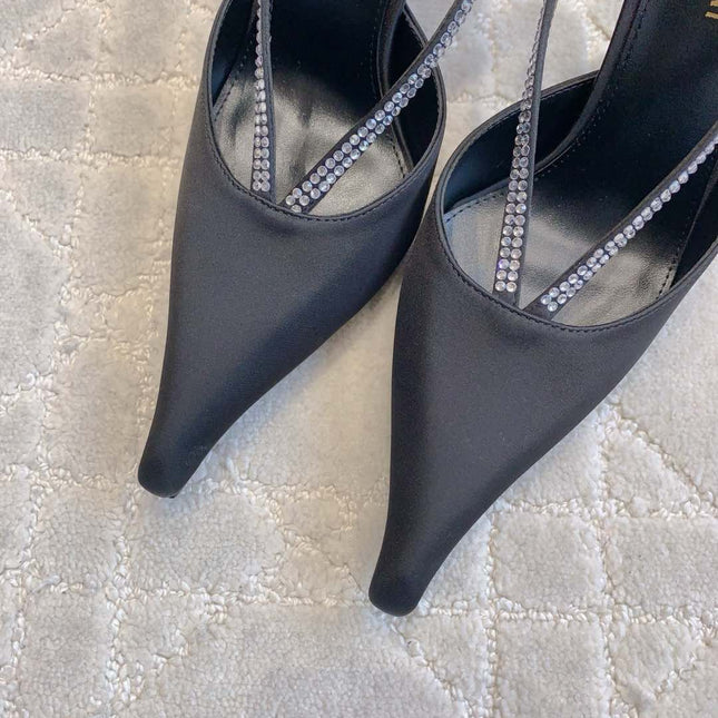 AMANDA SLINGBACK PUMPS IN BLACK SILK WITH RHINESTONES