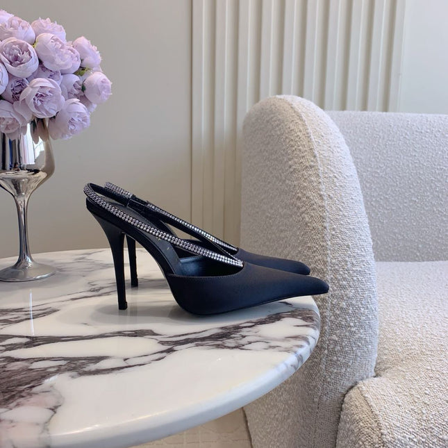 AMANDA SLINGBACK PUMPS IN BLACK SILK WITH RHINESTONES