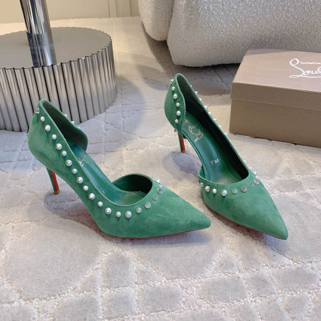 IRIZA PUMPS 85MM IN GREEN SUEDE SILVER SPIKES