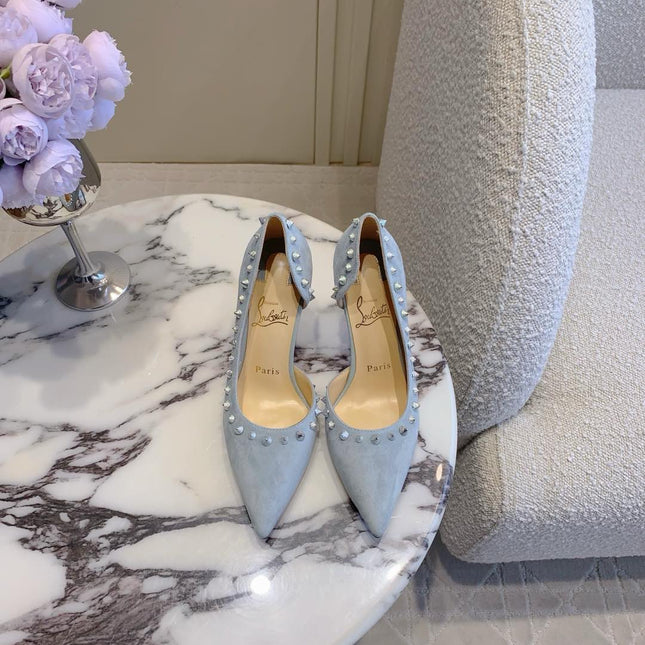 IRIZA PUMPS 85MM IN LIGHT BLUE SUEDE SILVER SPIKES