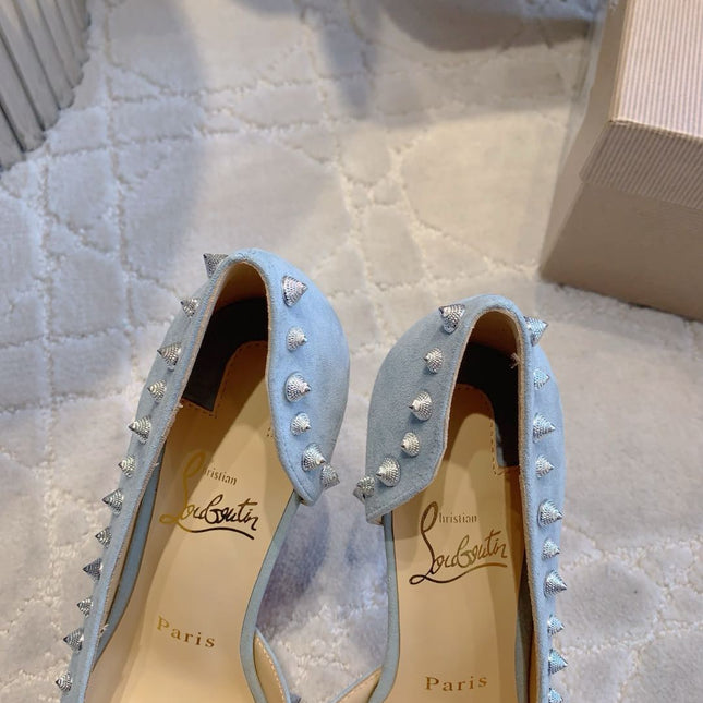 IRIZA PUMPS 85MM IN LIGHT BLUE SUEDE SILVER SPIKES