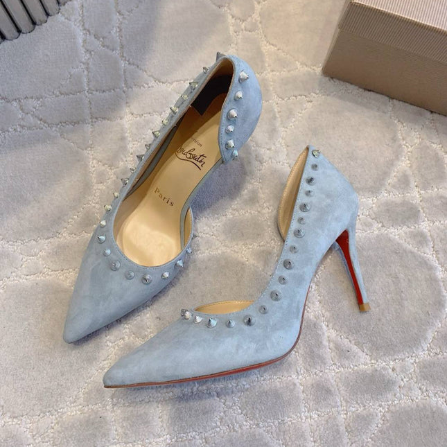 IRIZA PUMPS 85MM IN LIGHT BLUE SUEDE SILVER SPIKES