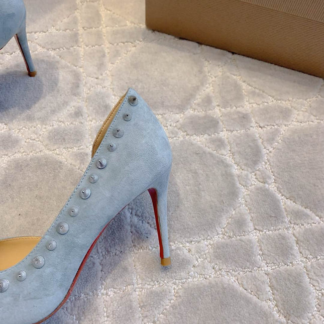 IRIZA PUMPS 85MM IN LIGHT BLUE SUEDE SILVER SPIKES