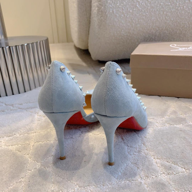 IRIZA PUMPS 85MM IN LIGHT BLUE SUEDE SILVER SPIKES