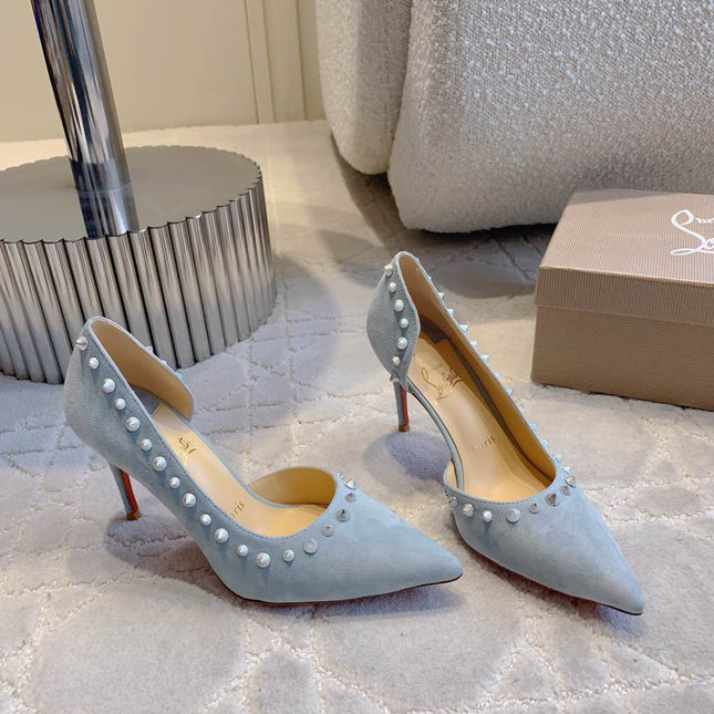 IRIZA PUMPS 85MM IN LIGHT BLUE SUEDE SILVER SPIKES