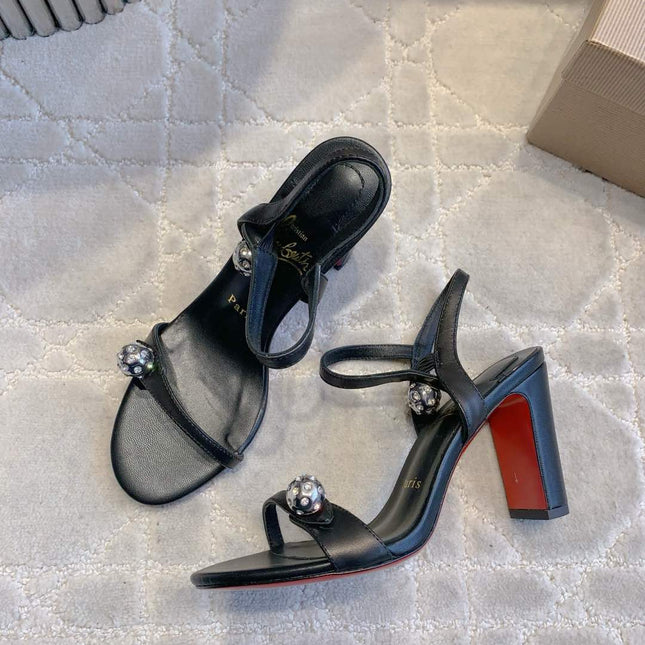 MISS JANE SANDAL 90MM IN BLACK CALFSKIN EMBELLISHED BALL